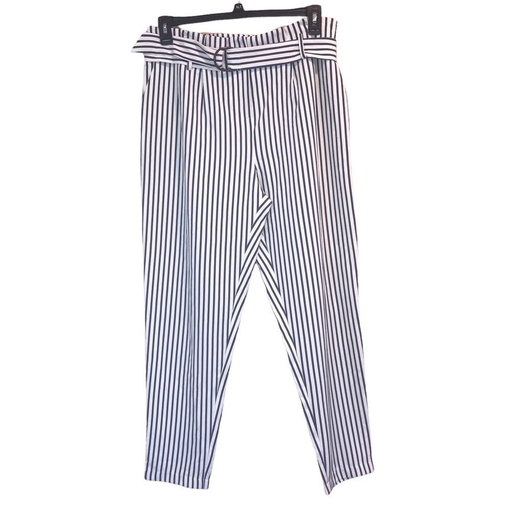 Time & Tru Navy Striped High Waist Pleated TrouserPants with Belt size 12 NWT
